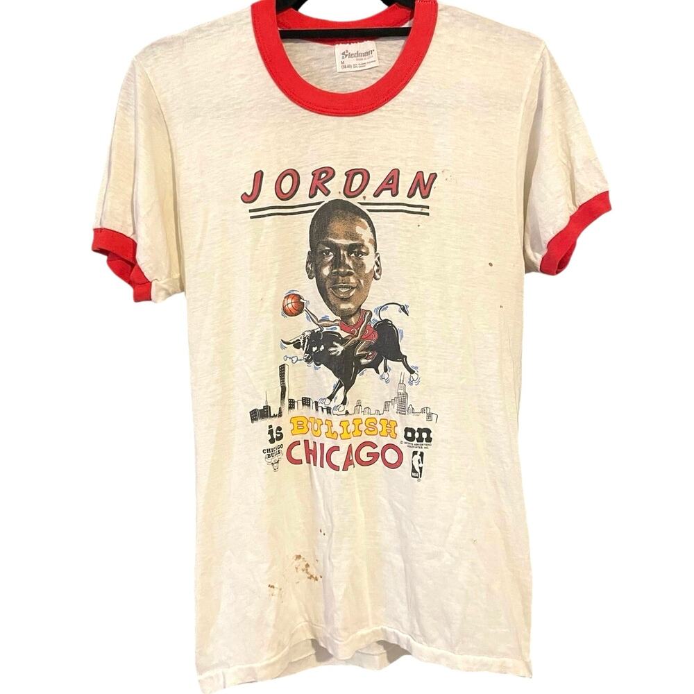 Vintage 80s Michael Jordan is Bullish on Chicago Single Stitch Ringer Shirt Med